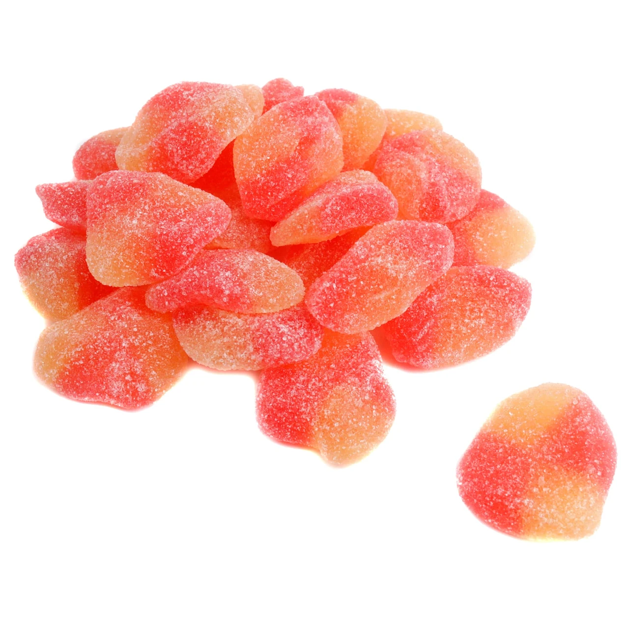 Haribo Gummy Peach Slices, vibrant orange, sugar-dusted, chewy. Approx 60 delicious peach gummies per pound.
