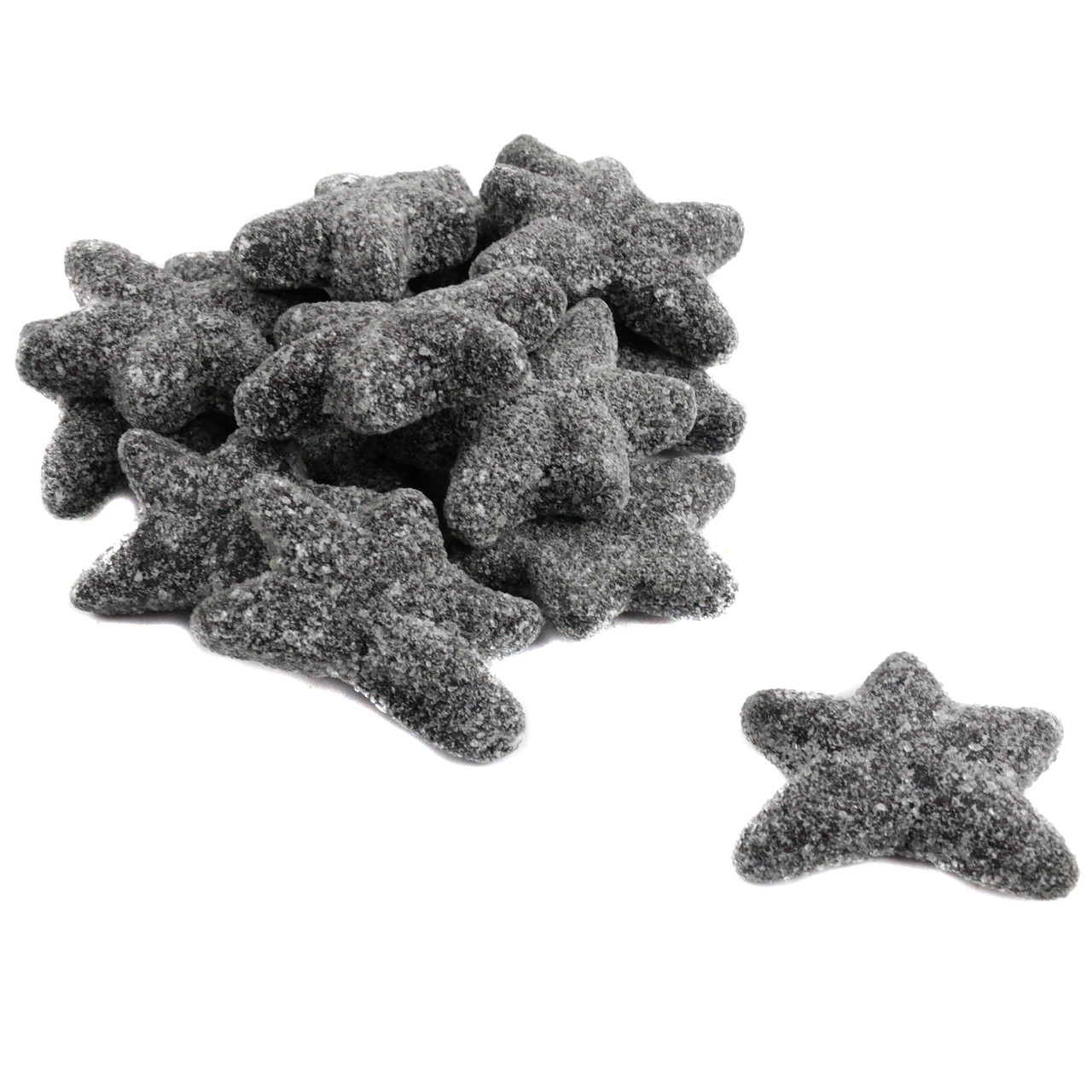 Many super salty black licorice starfish candy, chewy, black, sugar-dusted Dutch confection.