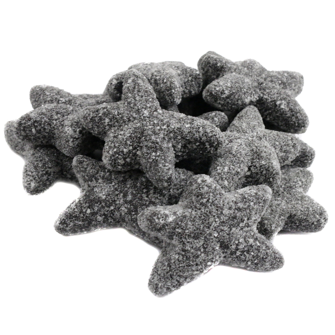 Super Salty Black Licorice Starfish candy, chewy, sugar-dusted. Dark black, savory, sweet Dutch licorice.