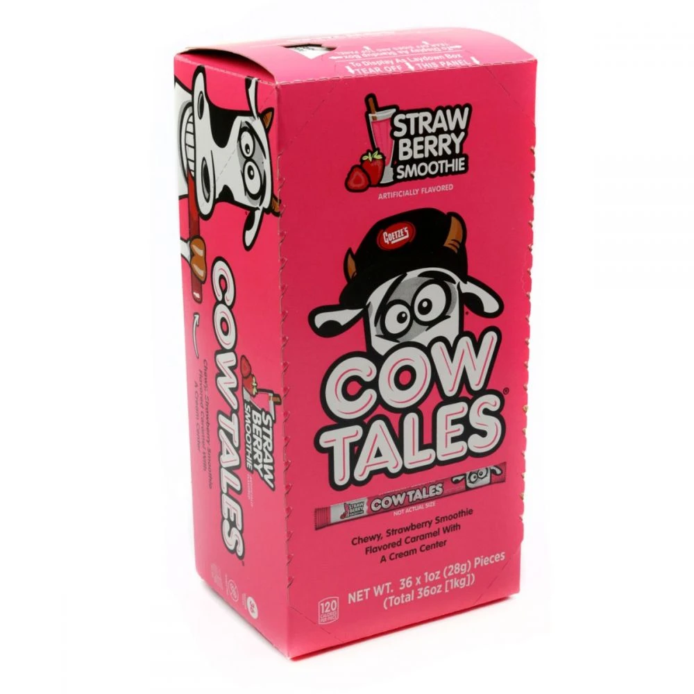 36 Cow Tales Strawberry Smoothie candies, red and white, with creamy caramel centers, in a box.