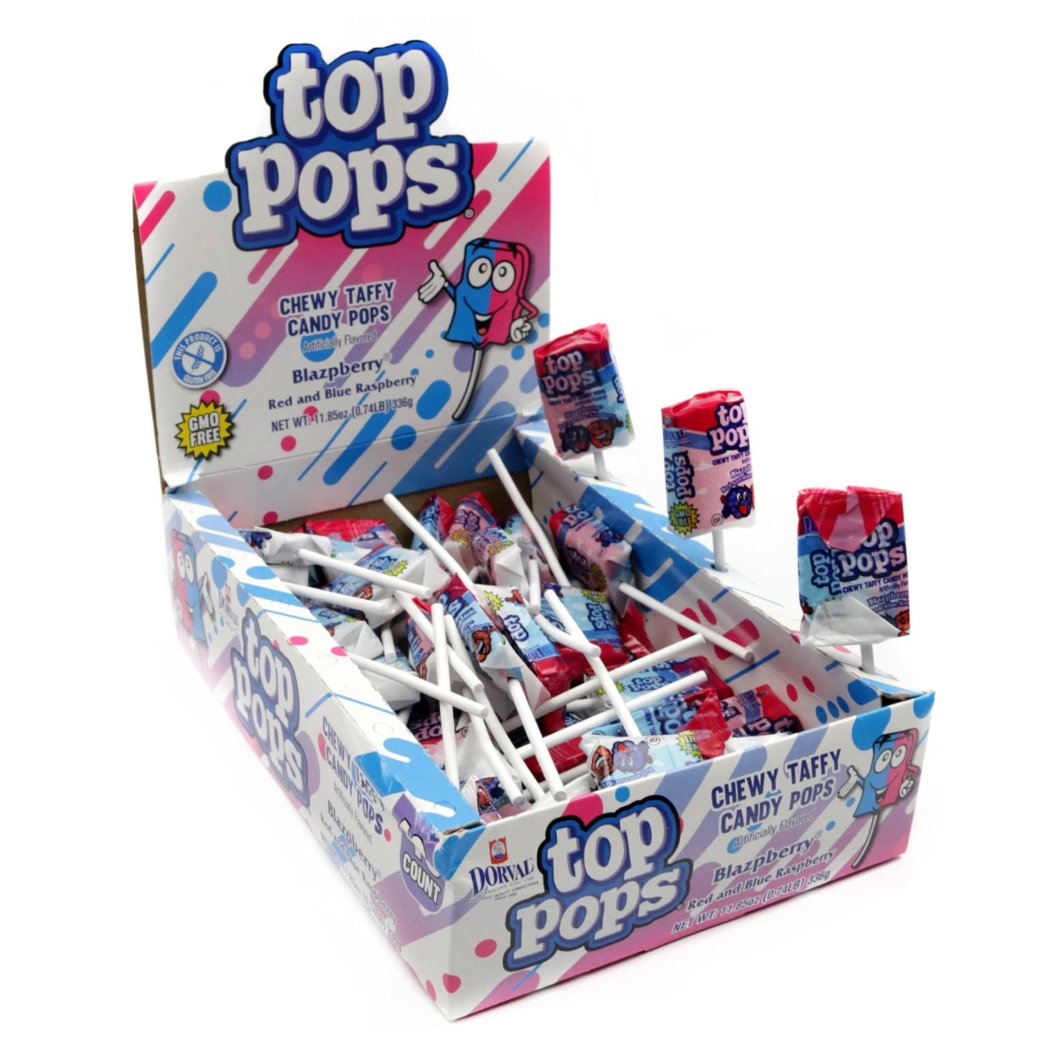 Dorval's Top Pops Blazpberry, 48 individually wrapped blue and red raspberry taffy lollipops.