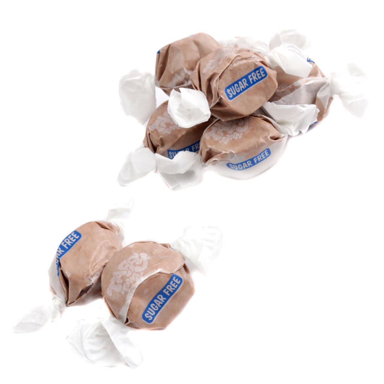 Brown, sugar-free chocolate salt water taffy, approx. 65 chewy pieces per pound, guilt-free indulgence.