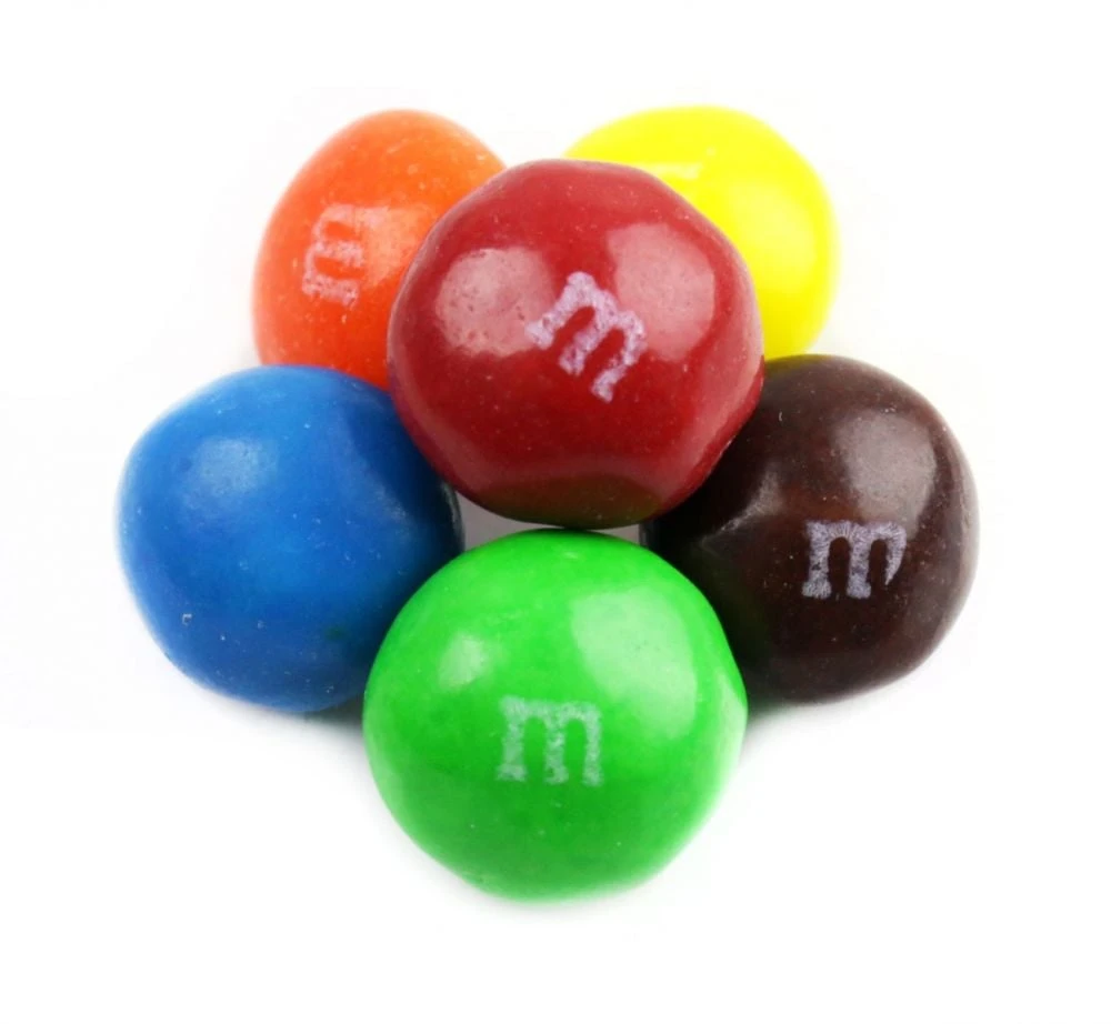 Rainbow-colored Peanut Butter M&M's in bulk, approximately 250 pieces per pound. Creamy chocolate and real peanut butter candy.