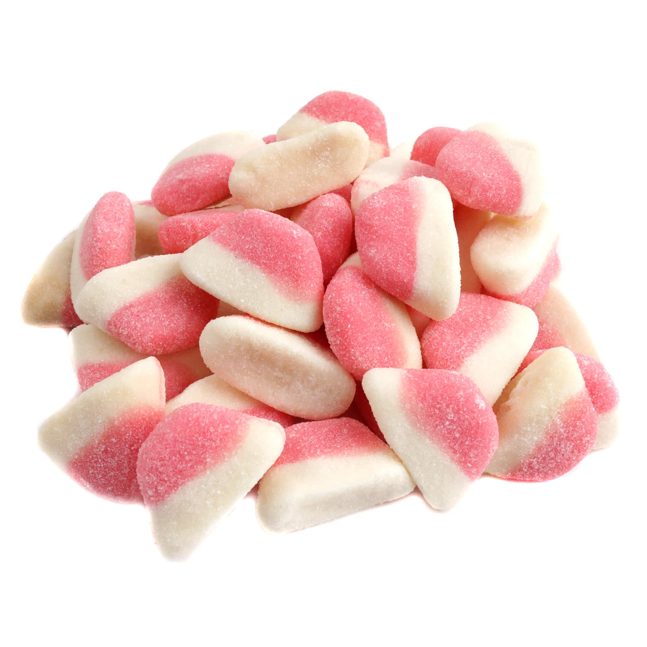 Pink Gummy Strawberry Cake candy, soft foamy bottom, 150 pieces per pound, delicious bulk strawberry gummies.