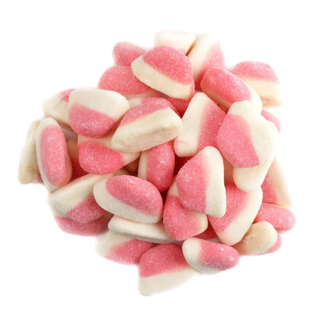 Pink gummy strawberry cake candy, 150 pieces per pound, soft foamy bottom, delicious strawberry flavor. Perfect for Valentine's Day.