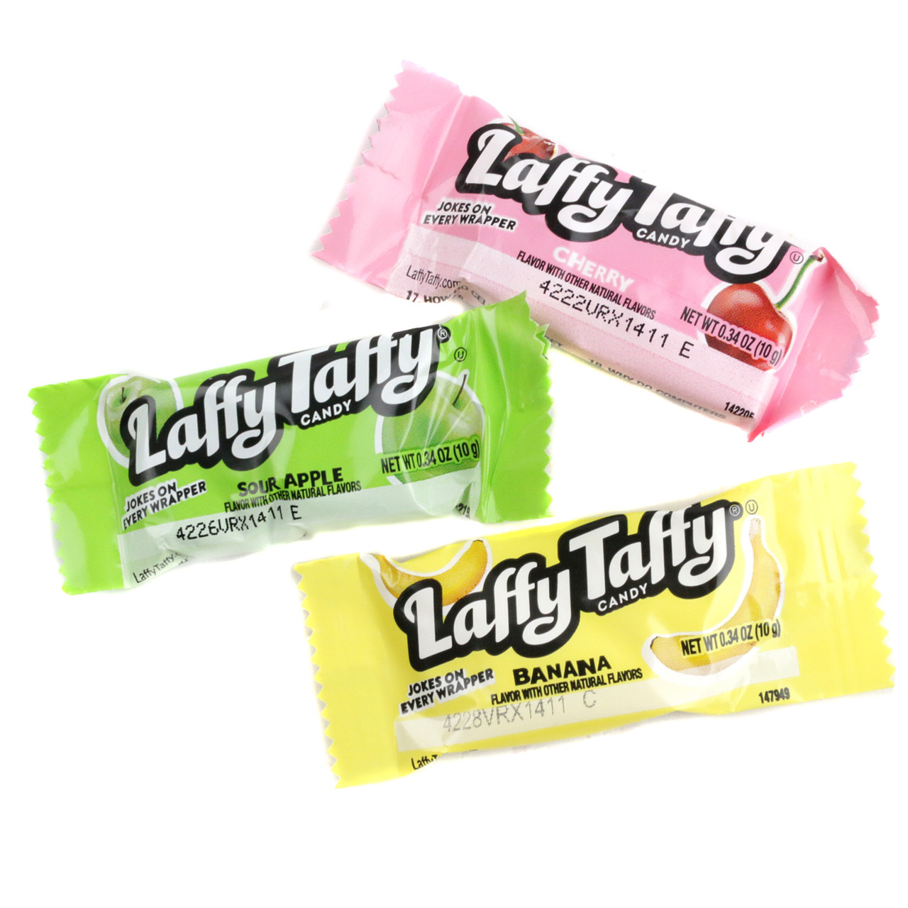Bulk Laffy Taffy, 53 pieces per pound. Tangy, chewy red cherry, yellow banana, green sour apple taffy.