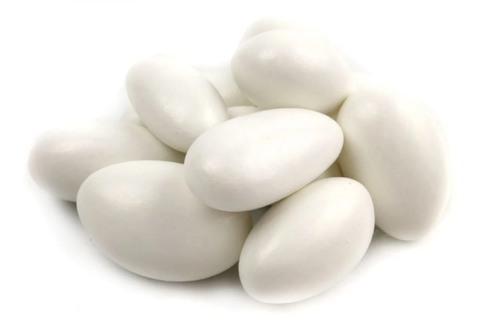 Shimmer Opal Jordan Almonds, elegant shimmering white pearl candy coating for weddings. Approx 110 per pound.