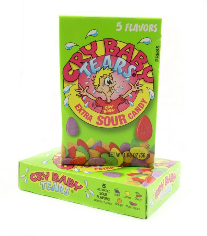 Cry Baby Tears 24-pack, tear-drop shaped, extra sour pressed candies, in yellow, orange, green, red, and purple.