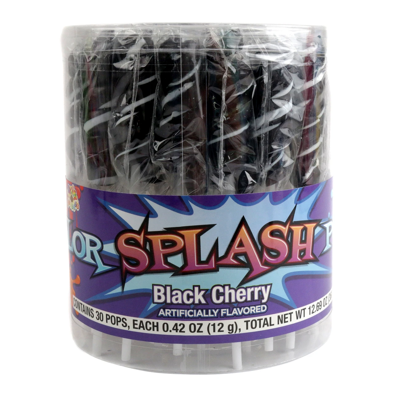 30 black twist lollipops, individually wrapped, rich black cherry flavor, elegant black swirl design.