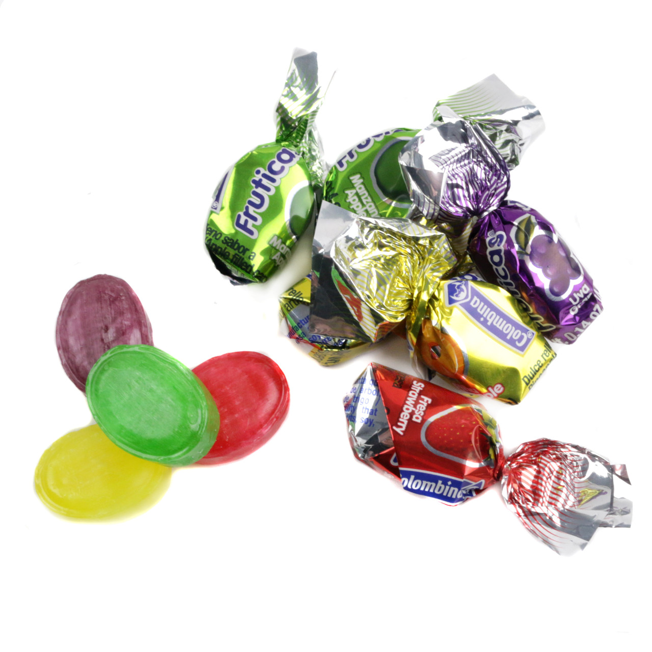 Vibrant Colombina Fancy Fruit Filled hard candies. Assorted red, green, purple, yellow wrapped pieces, gooey centers, approx. 84 per lb.