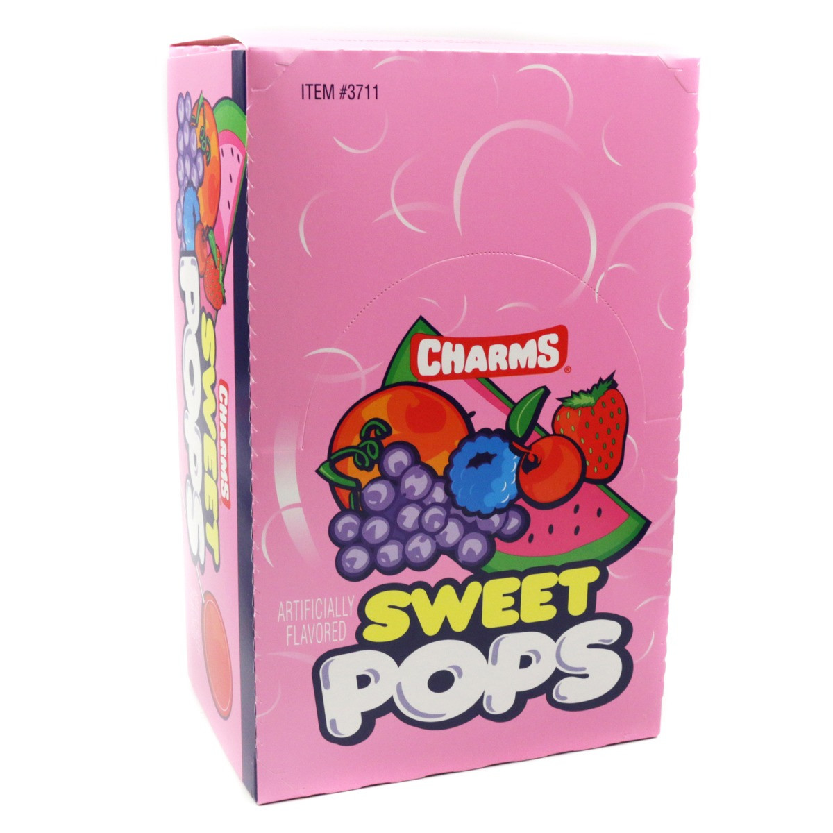 Charms Sweet Pops, 100 individually wrapped flat lollipops, assorted blue, red, purple, orange, green, pink flavors.