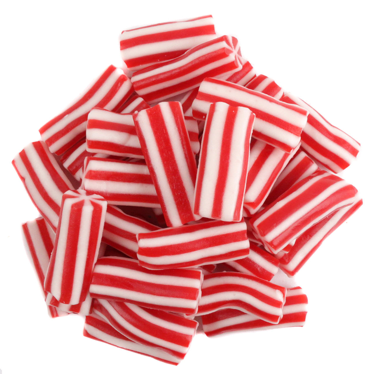 About 50 soft, chewy mini licorice candy canes per pound, featuring red licorice and sweet cream flavors.