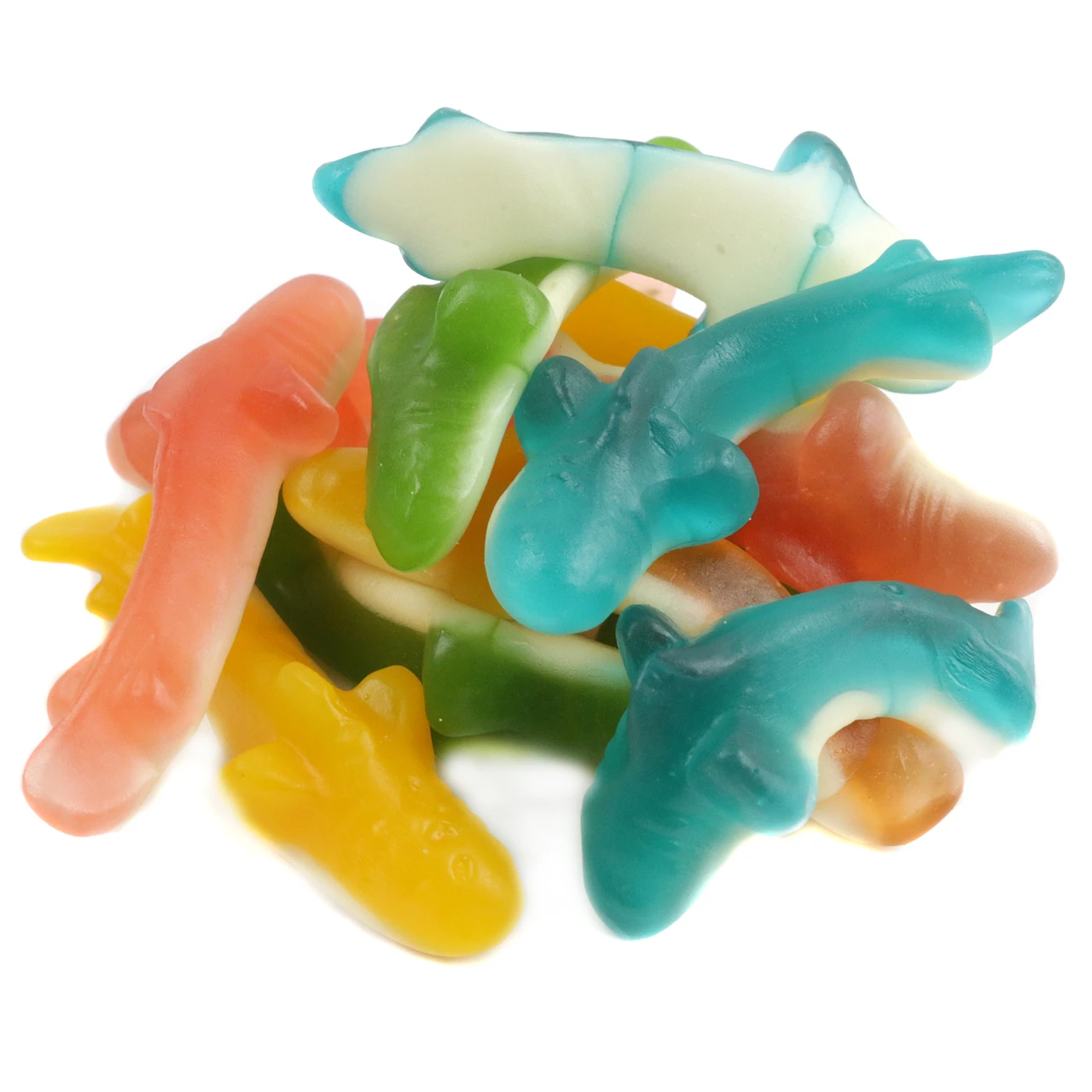 Mini assorted gummy sharks, 60 pieces, red, orange, yellow, green. Soft, chewy, fruity candy for parties.