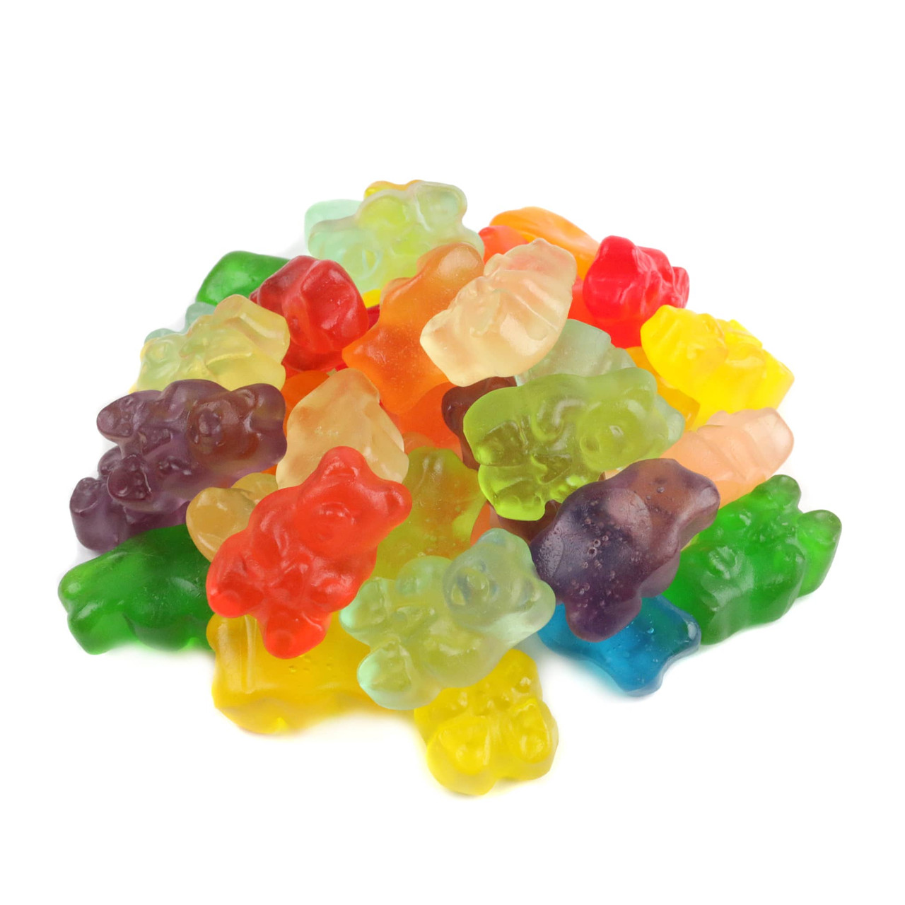 Albanese Gummy Bears, 12 vibrant fruit flavors, blue, red, green, yellow, orange, purple, 140 pieces per pound, gluten-free.
