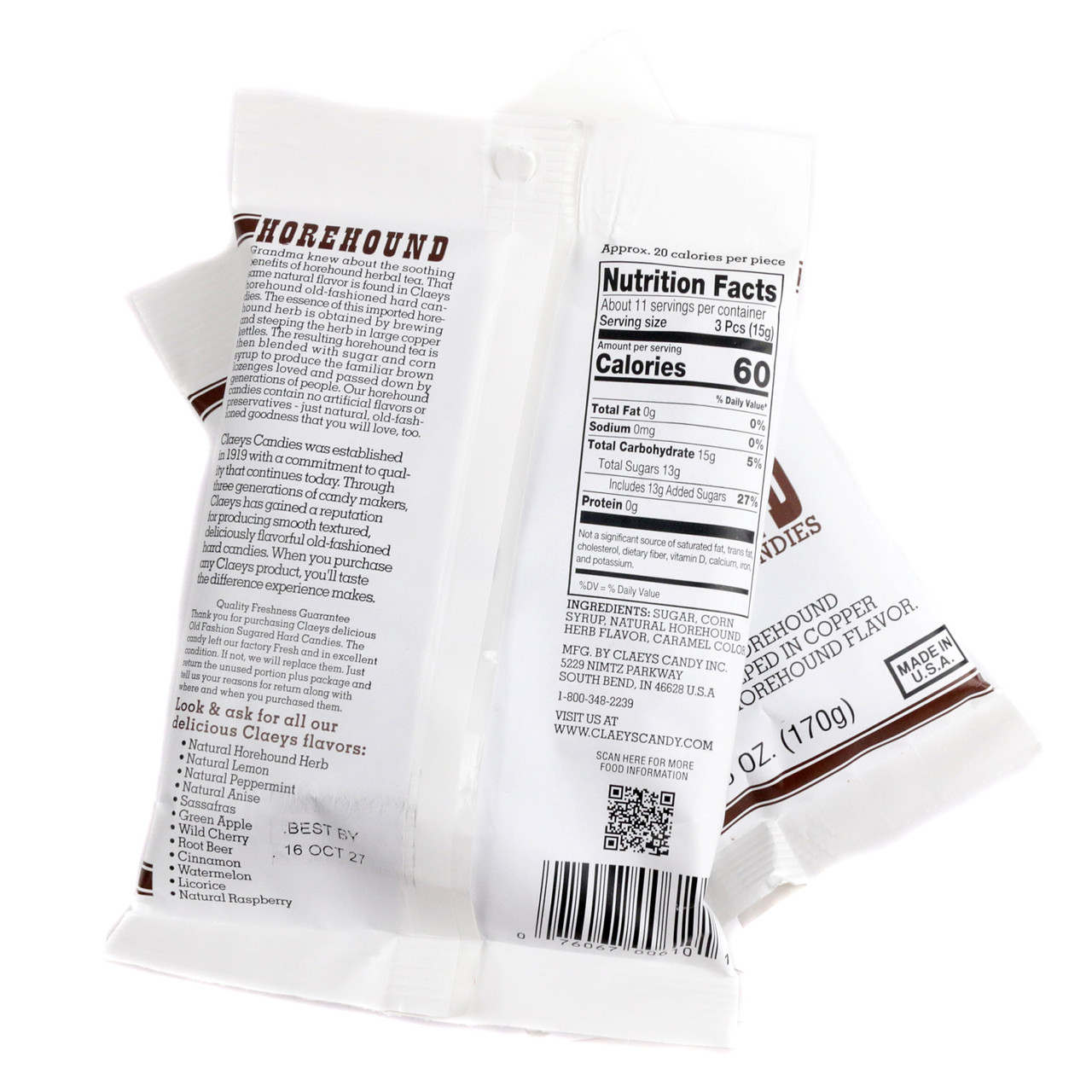 Claeys Horehound hard candy drops, 6oz bag, approximately 42 old fashioned semi-sweet pieces.