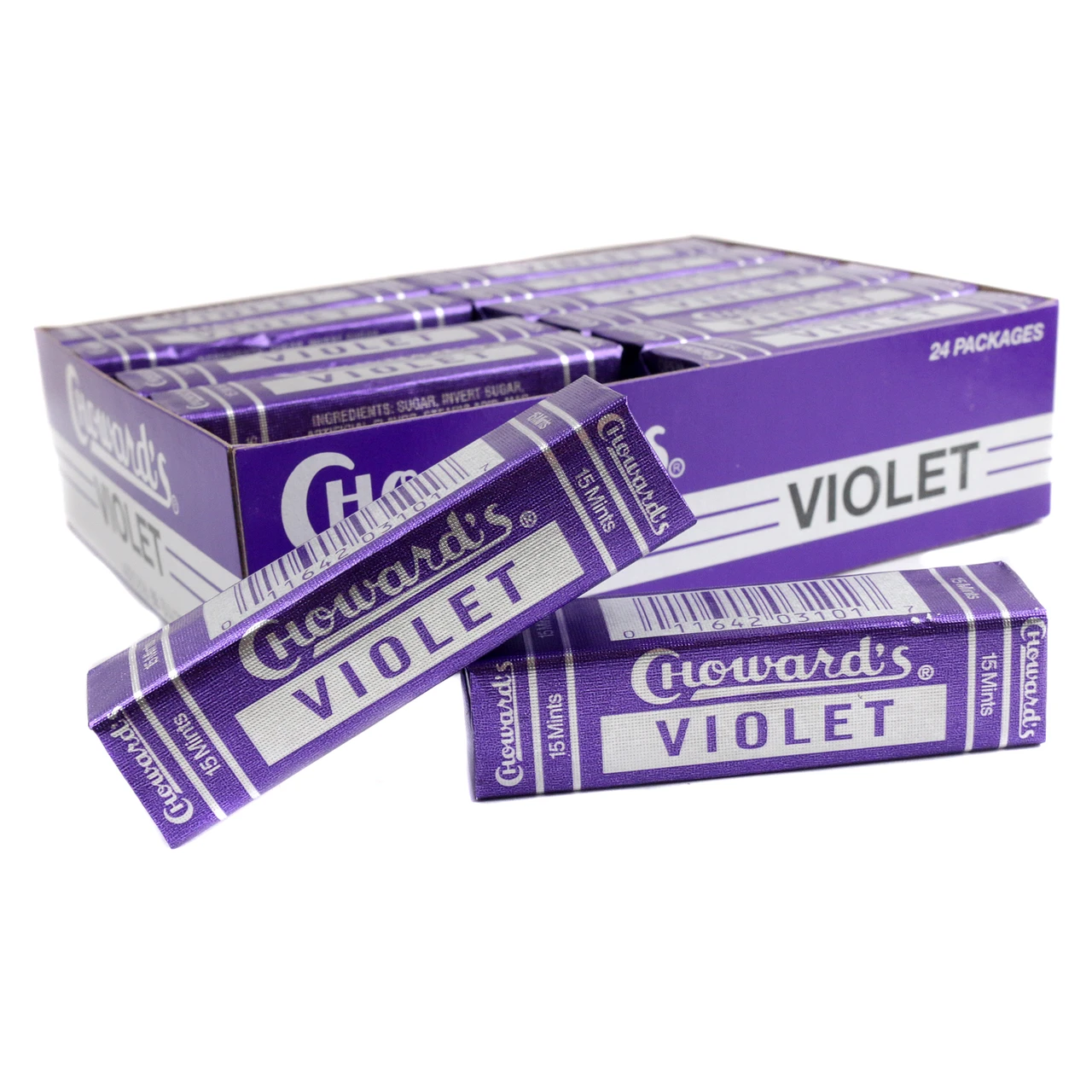 Chowards Violets, thin square lavender candies in a compact square pack. Old-time retro USA made candy.