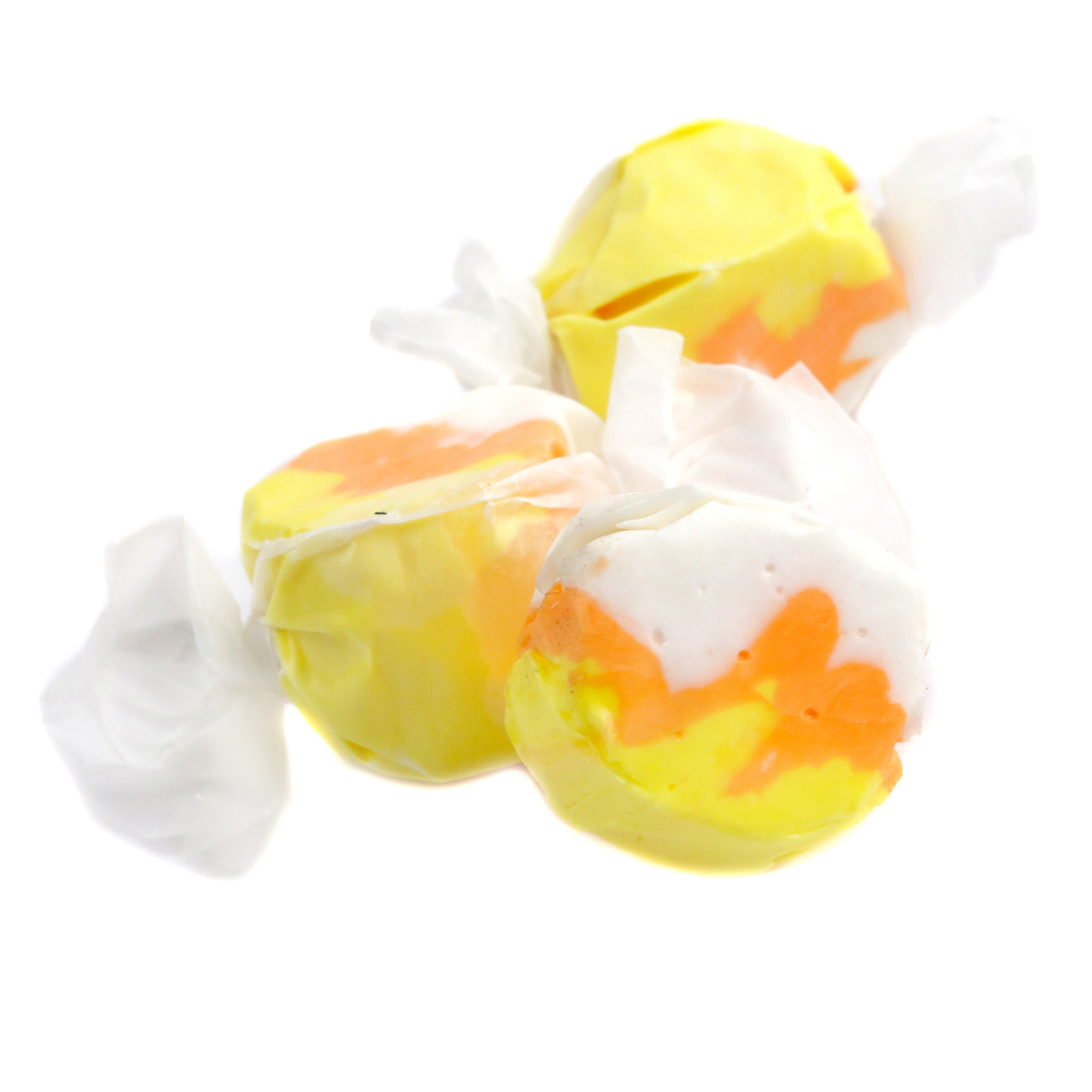 Sweet's Candy Corn Salt Water Taffy, vibrant orange, yellow, white, creamy texture, 60 pieces per pound, gluten-free.