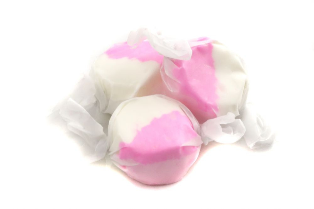 Light pink & white Strawberry & Creme Salt Water Taffy, approximately 60 pieces per pound, USA made.