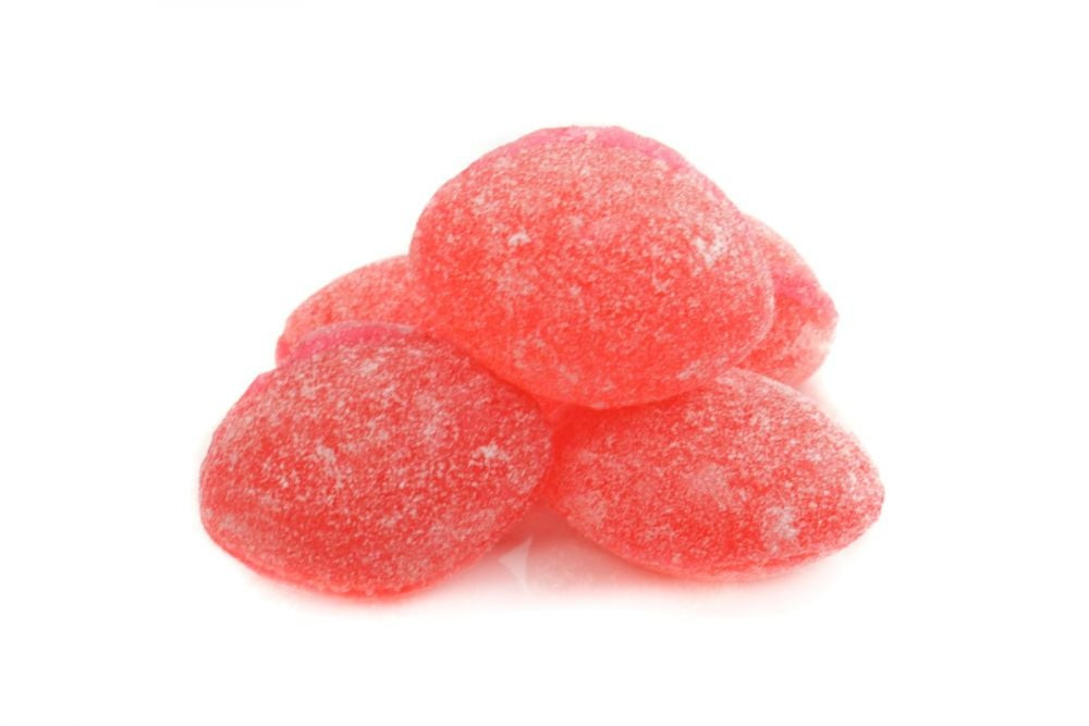 Claeys Cinnamon Old Fashioned Hard Candy, vibrant red, sugar sanded, approximately 75 pieces per pound.