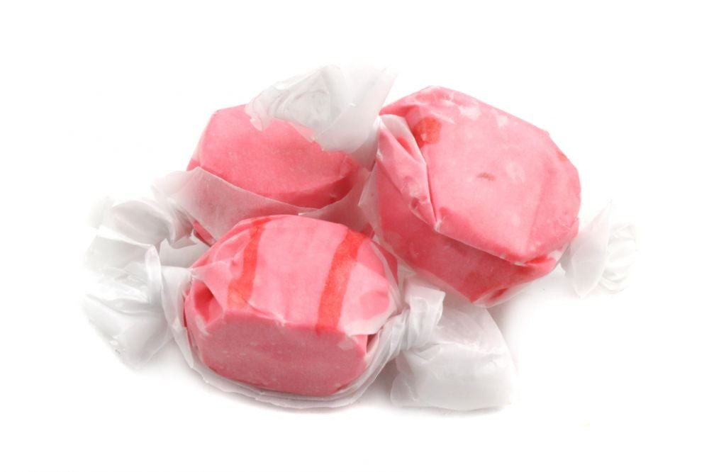 Red Cinnamon Salt Water Taffy by Sweet's, individually wrapped, sweet and spicy, about 60 pieces per pound, gluten-free.