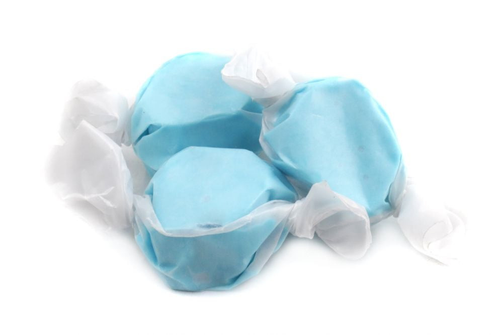 Vibrant blue raspberry salt water taffy. Approx 60 soft, chewy pieces per pound, gluten-free, USA made by Sweets.