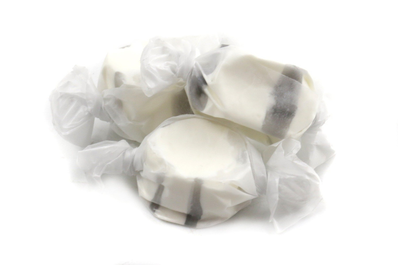 Approx. 60 chewy black licorice salt water taffy pieces, 1 pound, bold flavor, Sweets Candy Company.