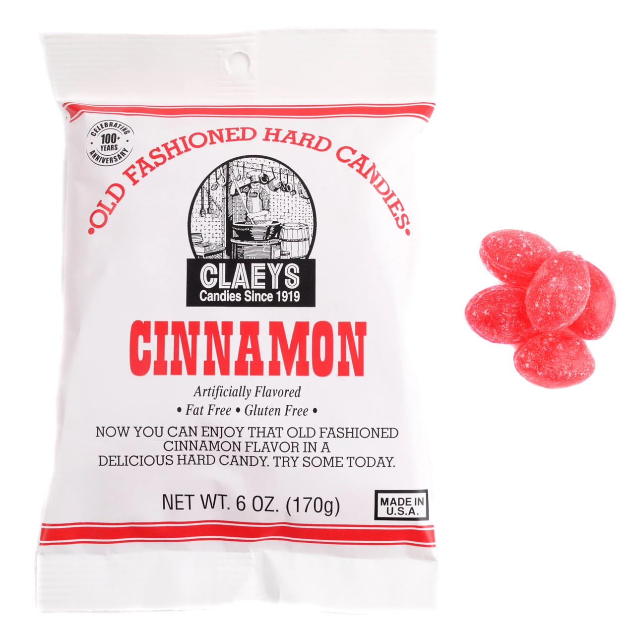 Claey's Hard Candy Drops, 6oz old-fashioned bag, approximately 42 reddish-brown cinnamon candies.