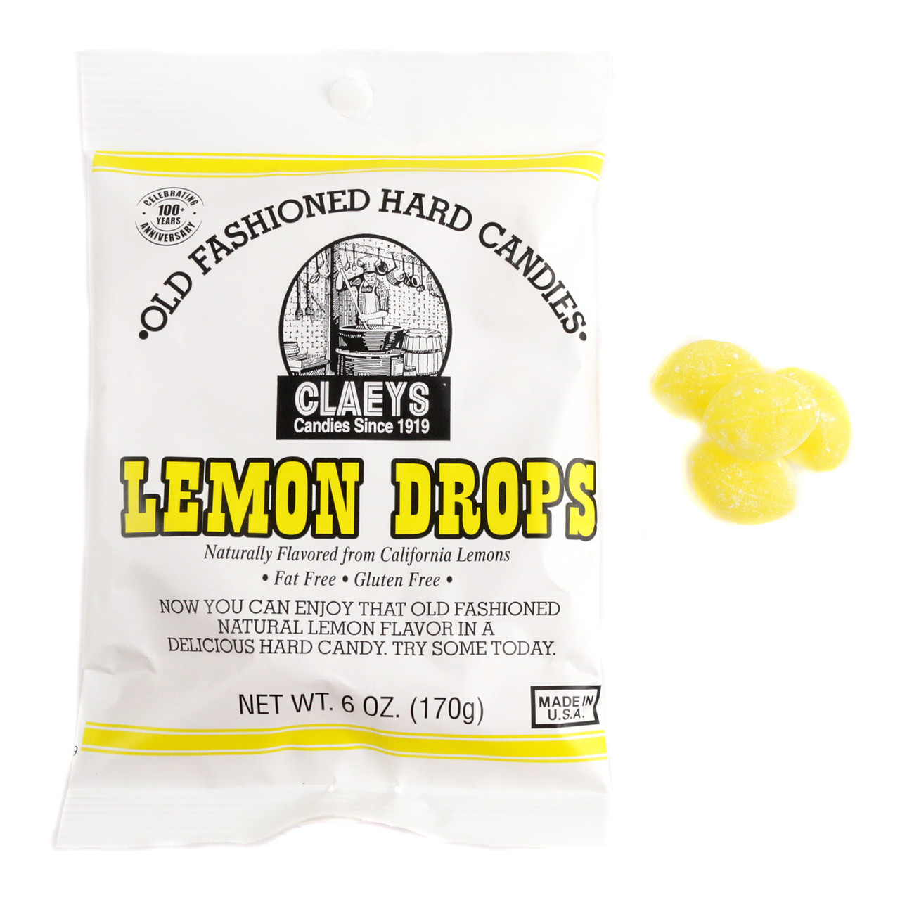 Claey's old-fashioned 6oz bag of yellow lemon hard candy drops, approximately 42 pieces, Made in USA.