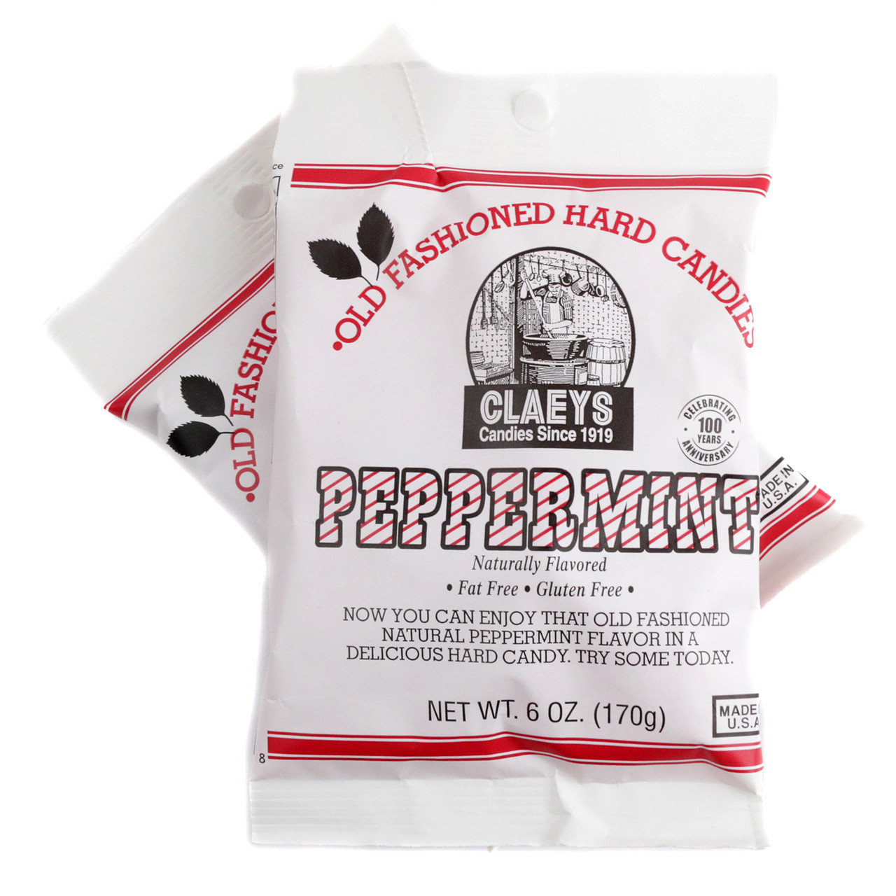 Claey's Peppermint Hard Candy Drops, 6oz bag, approx 42 white & red pieces, old-fashioned Christmas candy.