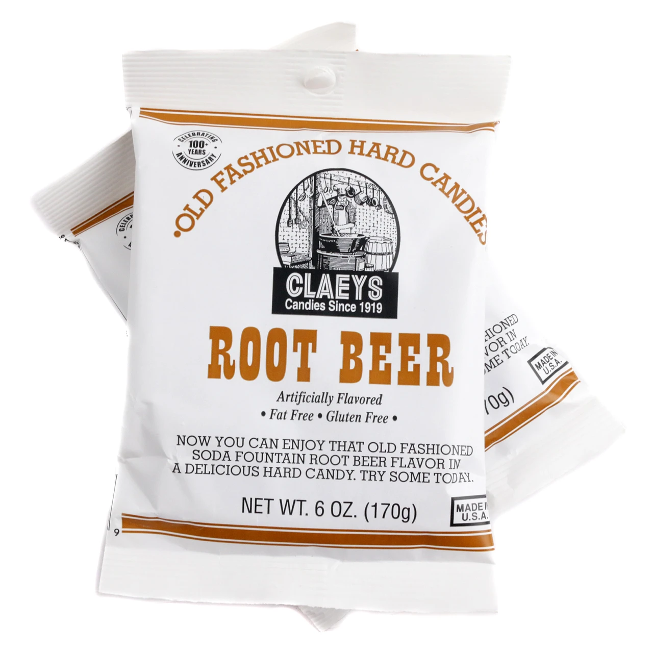 Claey's Hard Candy Drops, root beer flavored, 6oz bag. Brown, amber hard candies, approx 42 pieces.