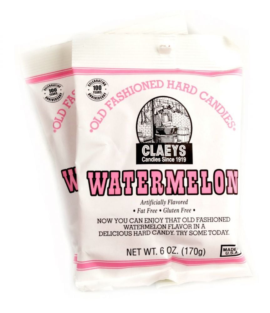 Claey's 6oz Watermelon Hard Candy Drops, pink old fashioned pieces, approx 42 per bag.
