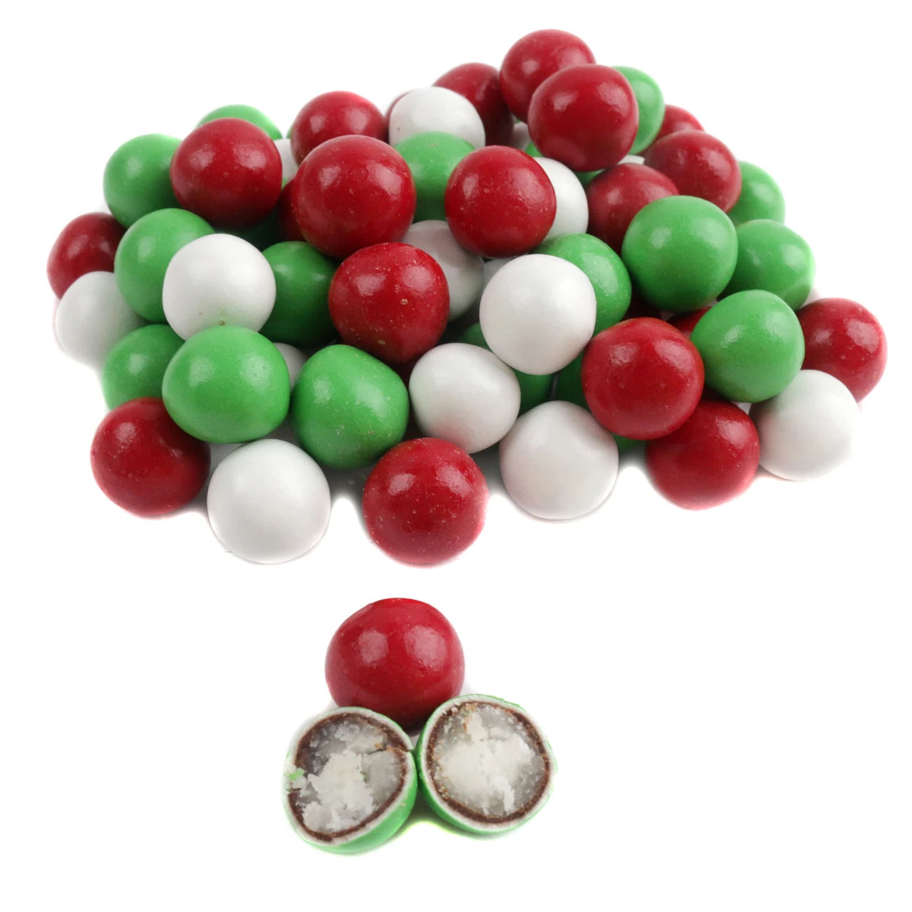 Jelly Belly Christmas Dutch Chocolate Mints, red white green candy shells, creamy peppermint filling, approx 210 per lb.
