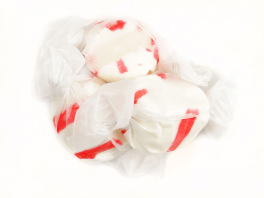 Candy Cane Salt Water Taffy, red and green stripes, cool peppermint, Christmas candy, 60 pieces per pound.