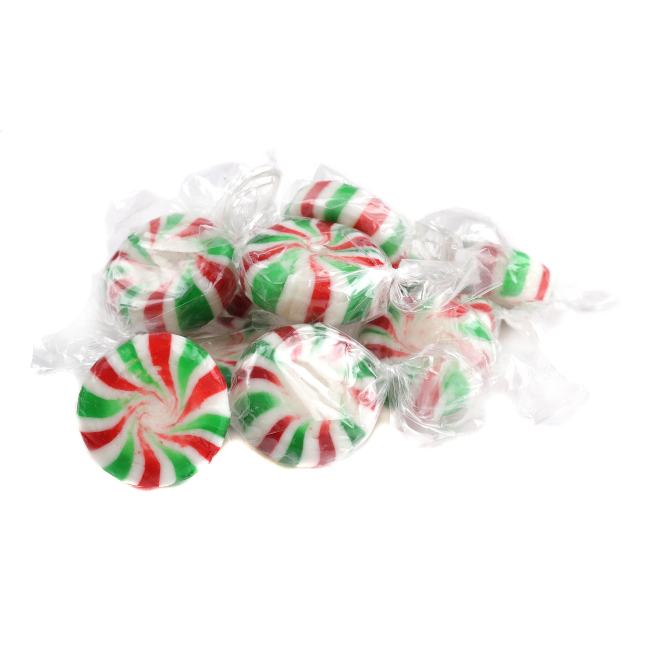 Christmas Peppermint Starlights, red, white, green striped hard candy. Bulk peppermint mints, festive holiday candy.