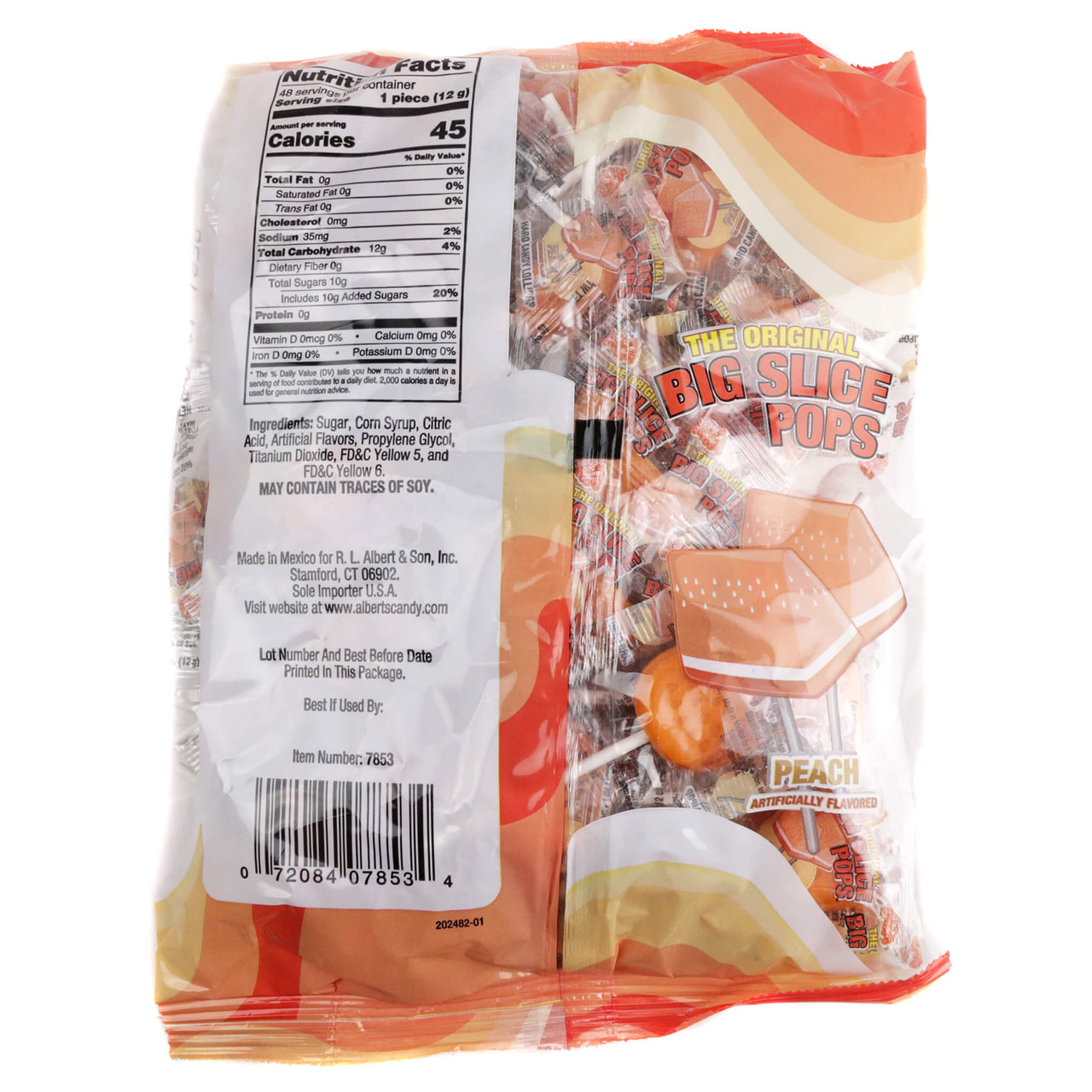 Nutrition facts panel showing serving size, calorie content, sugar, and ingredient list for Big Slice Pops Peach flavor
