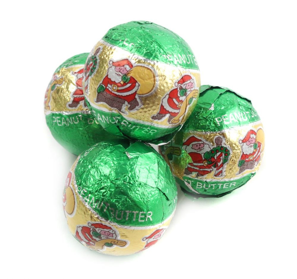 Green foil-wrapped Chocolate Peanut Butter Kringles, creamy peanut butter center, milk chocolate, 35 pcs/lb, Christmas candy.