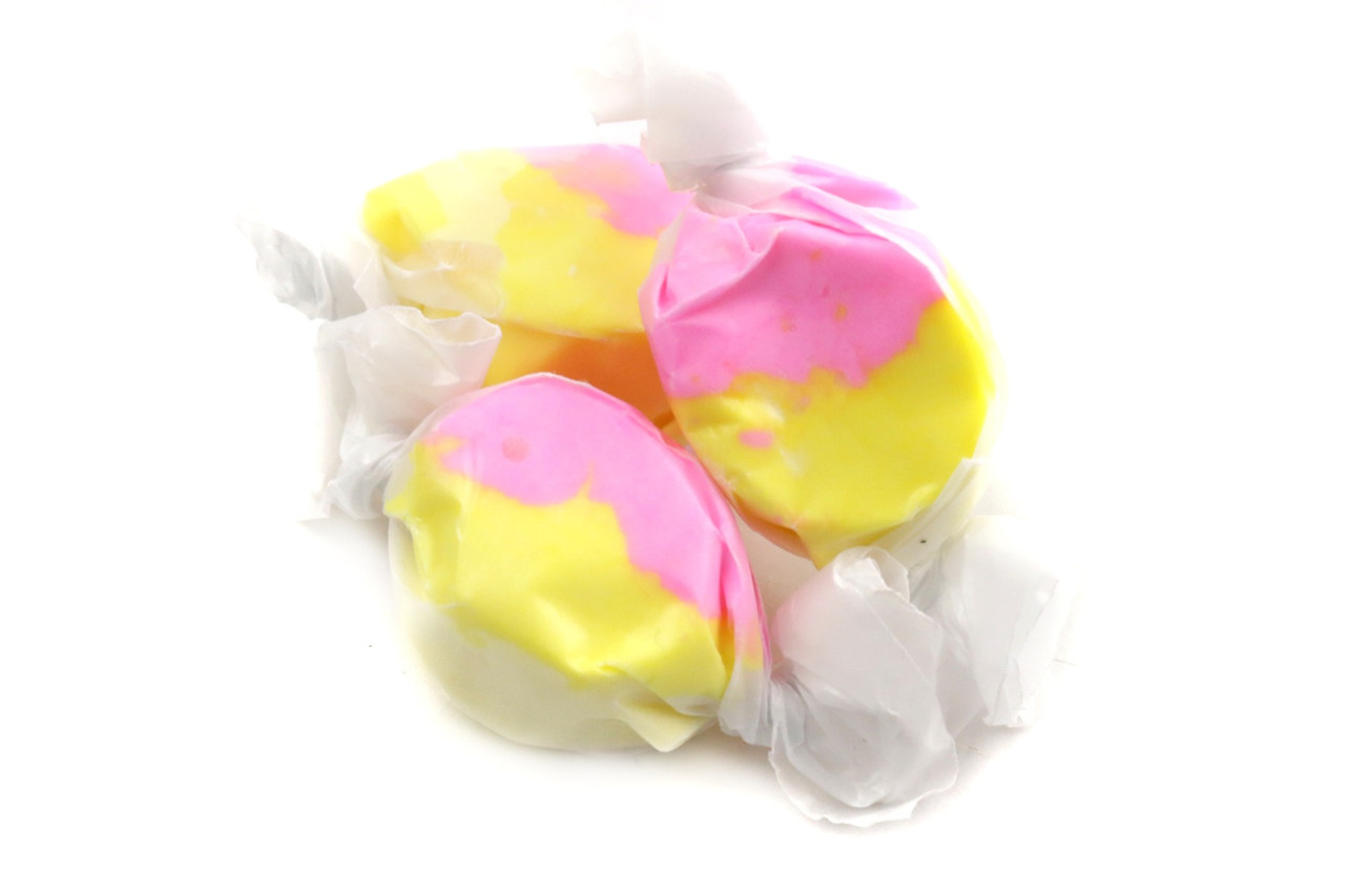 Strawberry Banana Salt Water Taffy, pink and yellow, approximately 60 chewy pieces per pound.