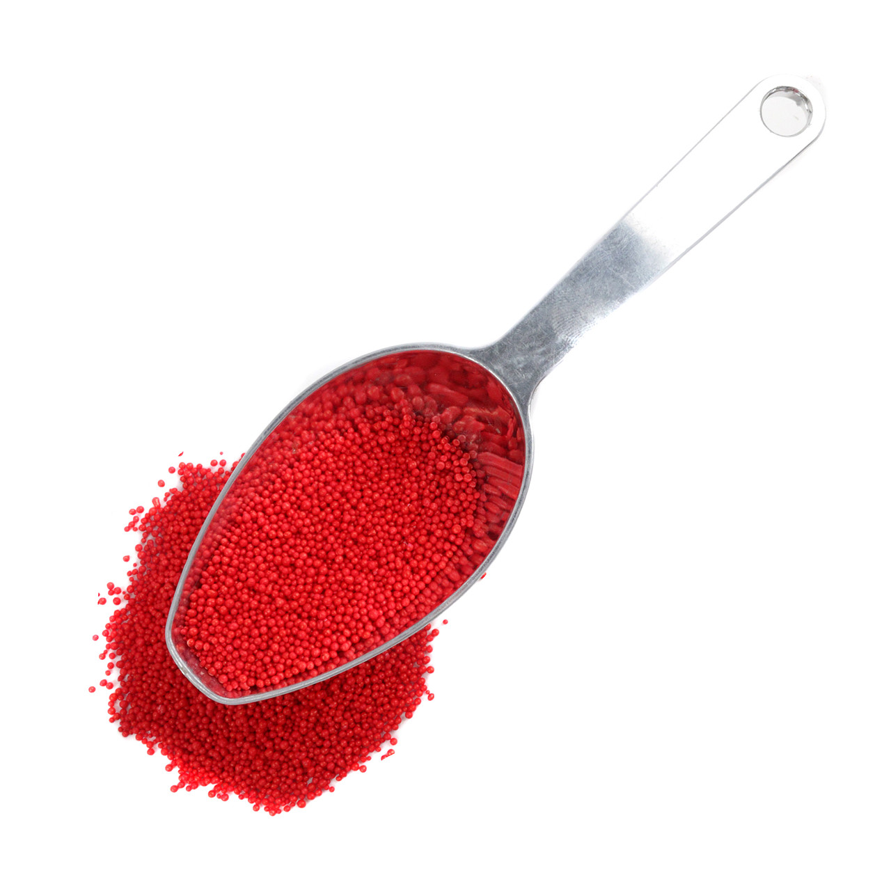 Bright red nonpareil sprinkles, small round candy for baking, ice cream, and hot cocoa dessert toppings.