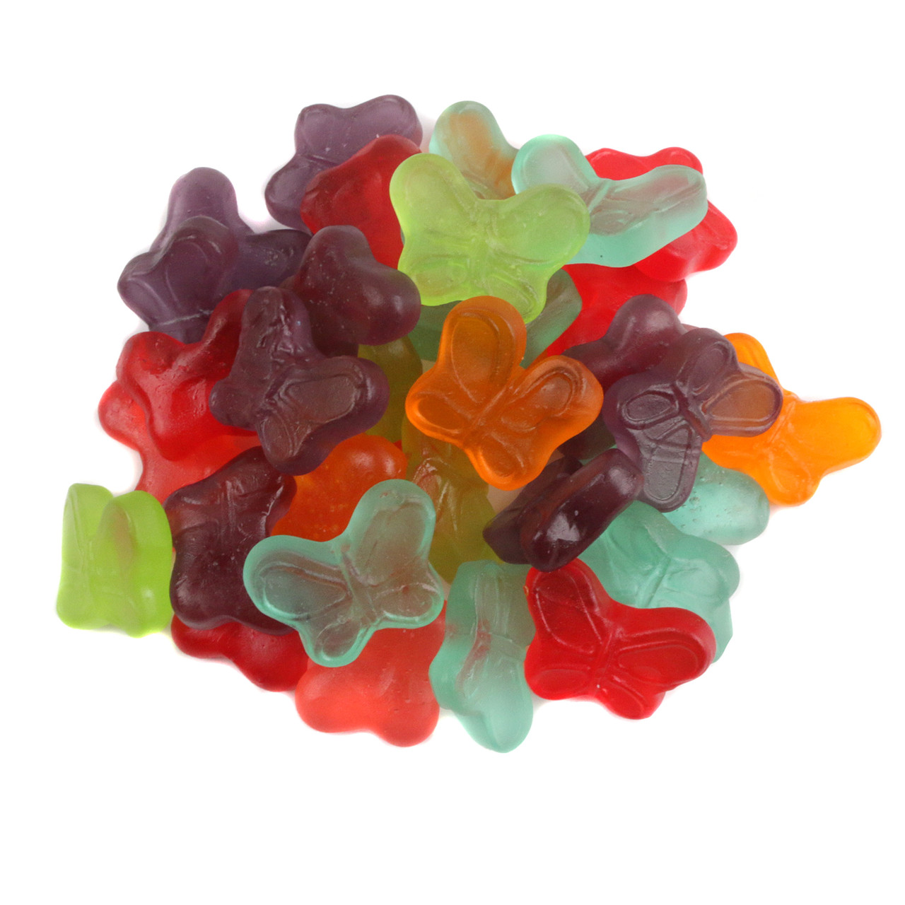 Albanese mini gummy butterflies, assorted colors: purple, light red, orange, light blue, light green, red candies.