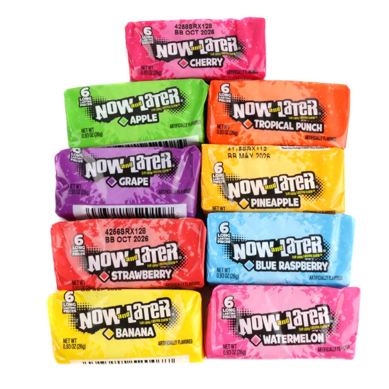 Vibrant Now and Later assorted fruit chewy candy, individually wrapped 6-piece packs, approx 16 per pound.