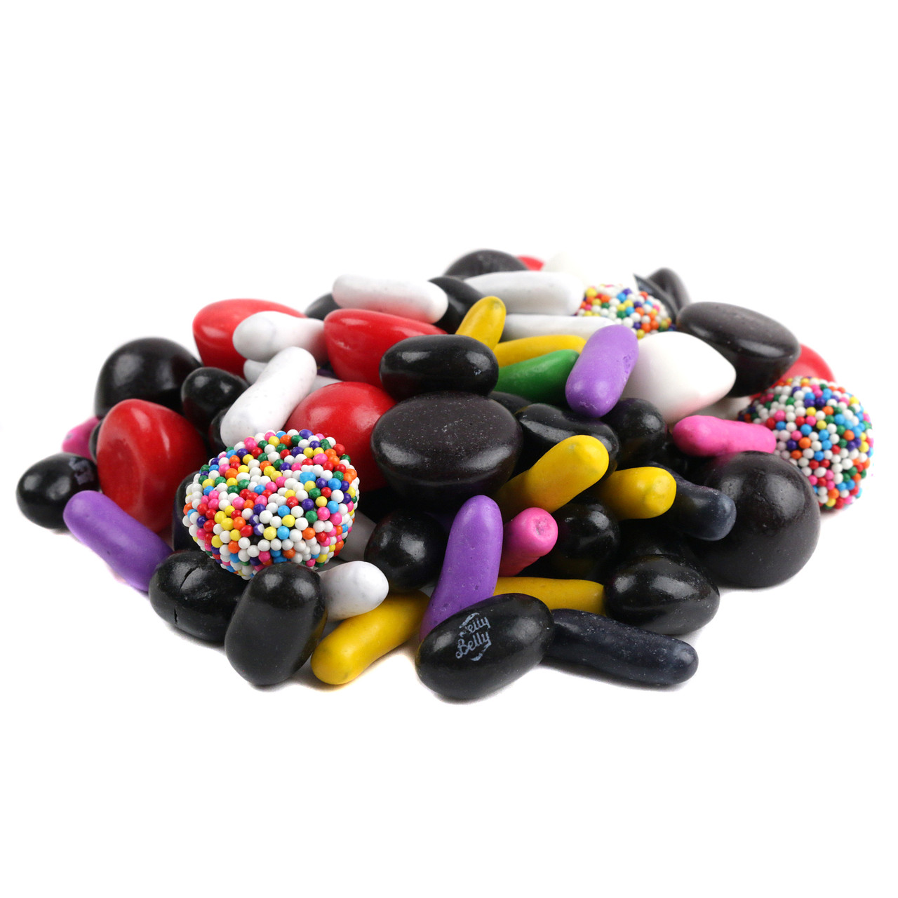 Jelly Belly Licorice Bridge Mix, black licorice jelly beans, red and black buttons, nonpareil buttons, licorice pastels.