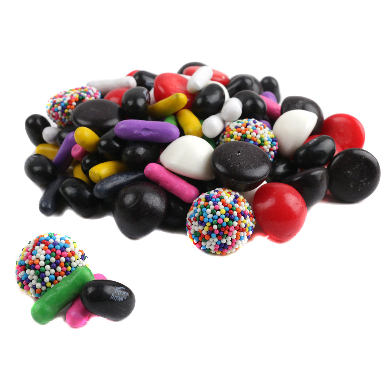Jelly Belly Licorice Bridge Mix, black, red, and nonpareil licorice jelly beans, pastels, buttons. 1lb, 250 pieces.