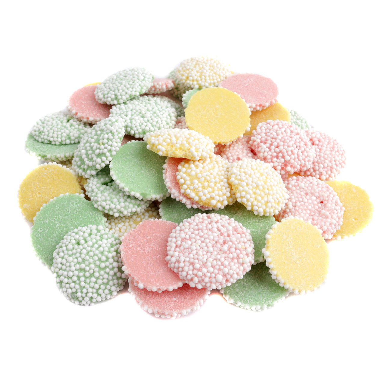 Smooth, creamy pastel pink, green, yellow mint nonpareils, 1 inch, with white seeds. Minty Easter candy.