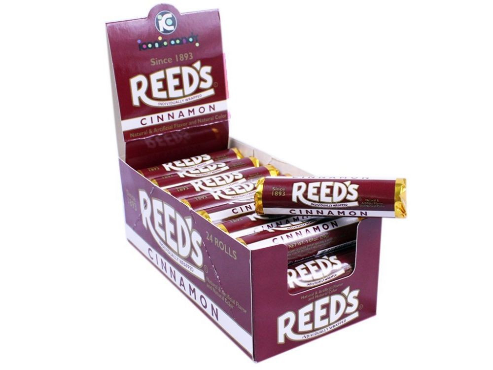 24 Reeds Cinnamon hard candy rolls, 7 pieces per roll, classic red color.