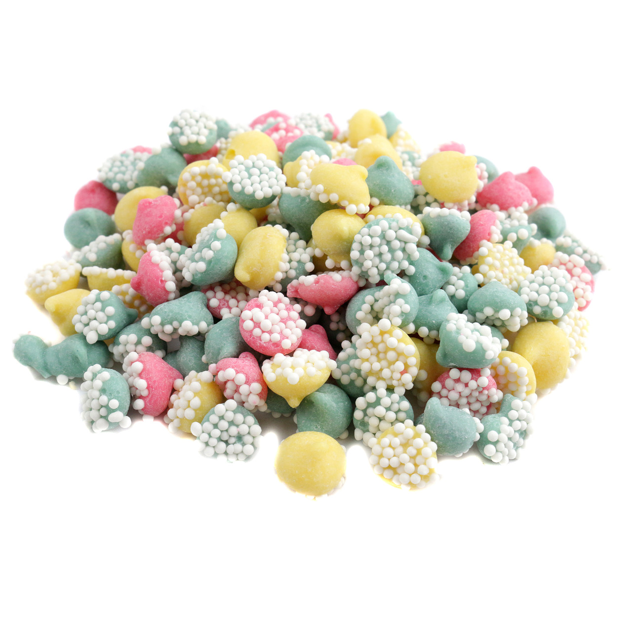 Pile of pastel mini Misty Mints, smooth meltaway mints with crunchy white beads, approx 600 per pound.