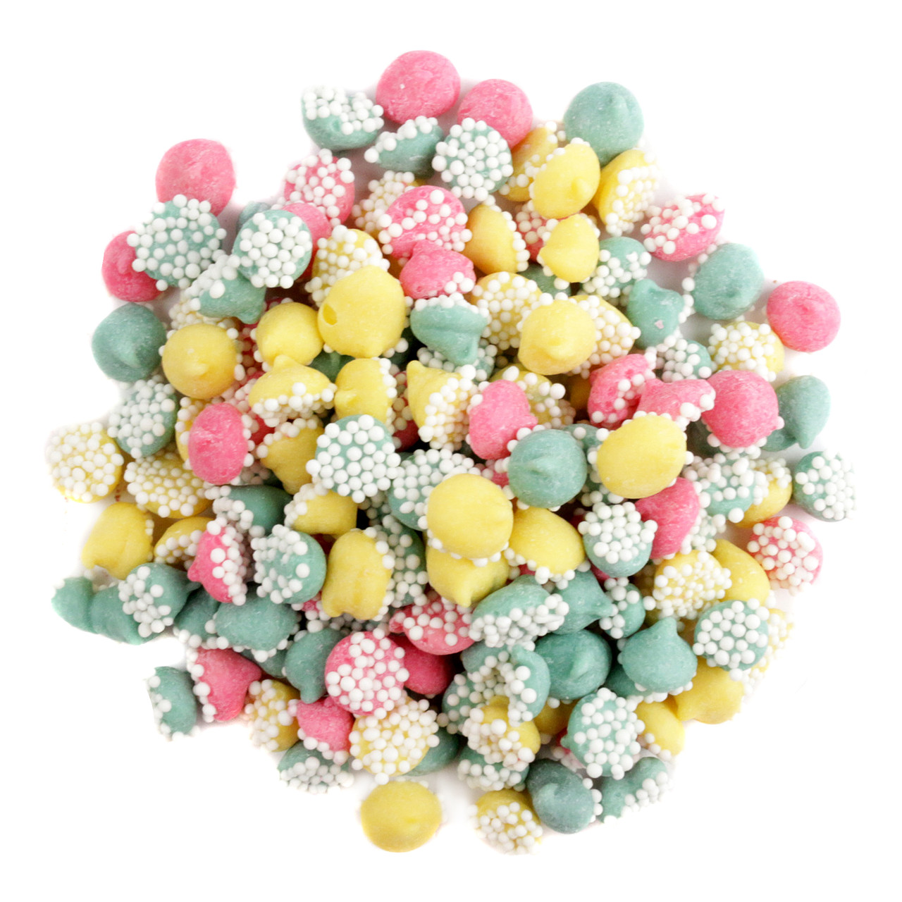 Misty Mints Mini, creamy pastel meltaway mints with white bead crunch, approx 600 per pound.