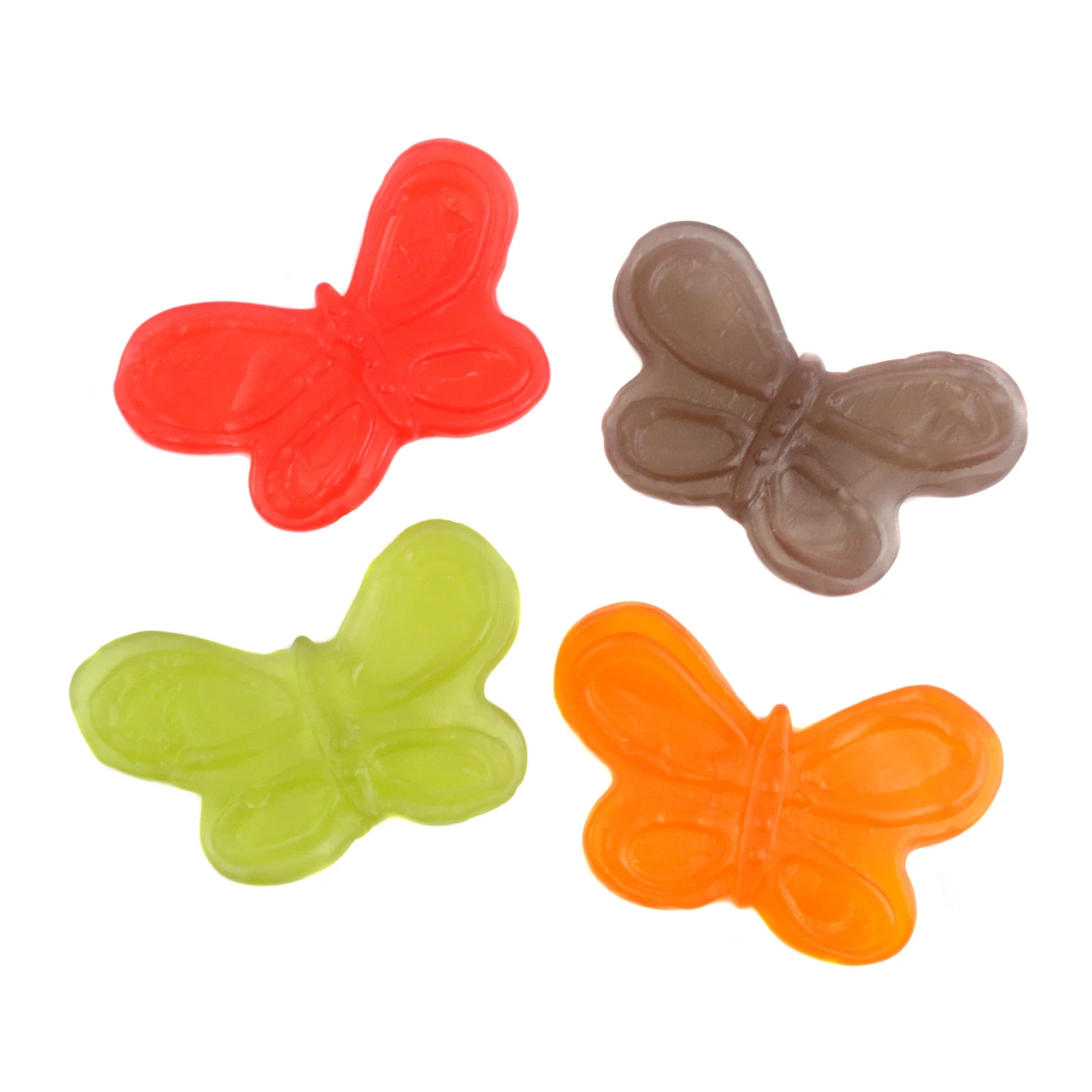 Large gummy butterflies, 2.5 inch wingspan, vibrant rainbow colors, fruit flavors. Approx 30 per pound.