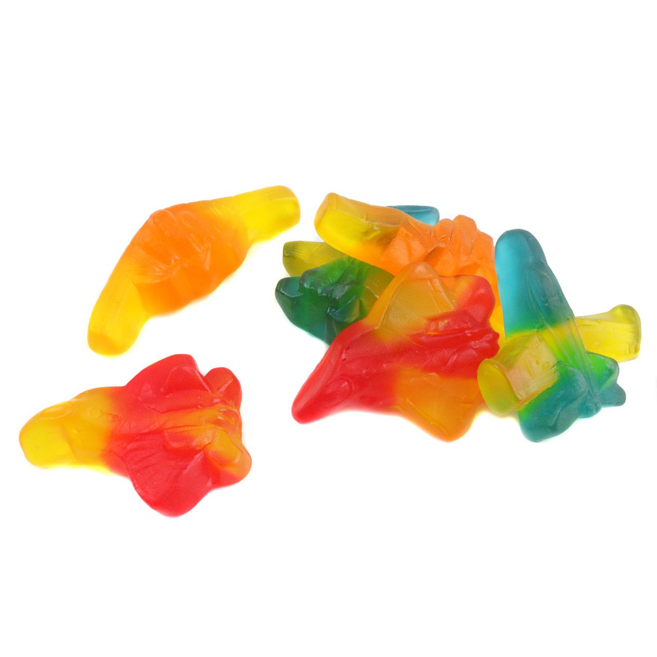 Assorted colorful gummy jet planes, bulk unwrapped candy, approximately 55 pieces per pound.
