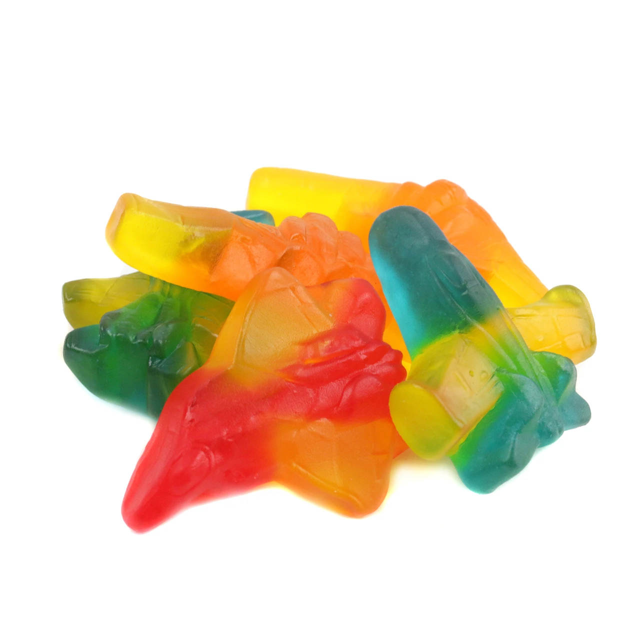Assorted colorful gummy jet planes, bulk unwrapped candy, approximately 55 per pound, Made in USA.