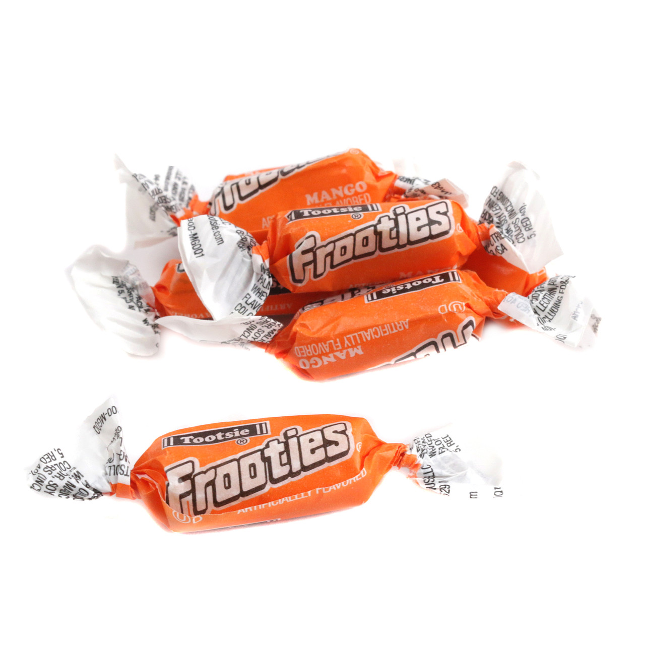 Tootsie Roll Mango Frooties, approx 140 bright orange, chewy candies with a tropical mango flavor.